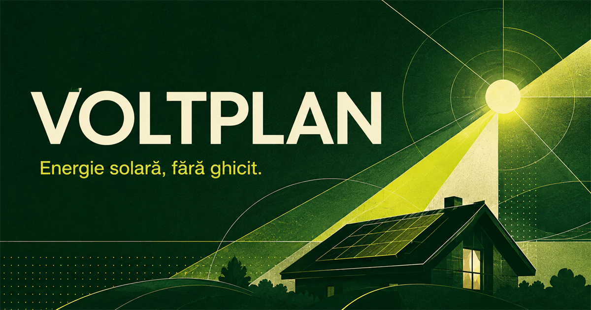 Concept grafic Soare Mereu Magazin: lumină solară orientată către o locuință cu panouri fotovoltaice